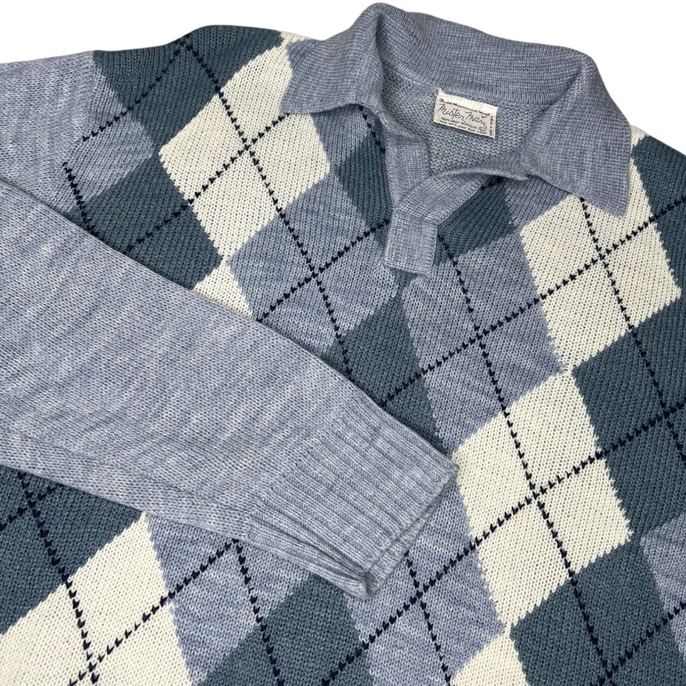 Vintage 80s Mister Man Mens Sweater Size Large Argyle Collared Acrylic Preppy